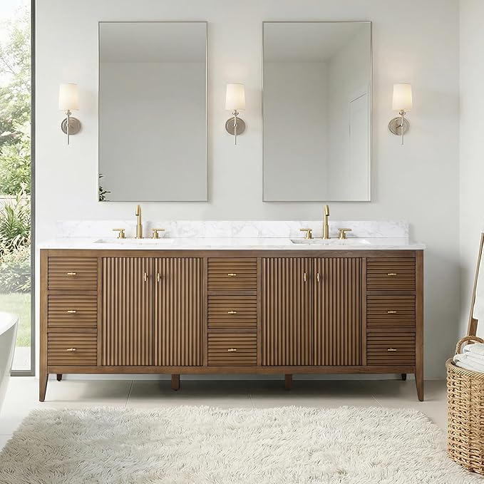 Vanity Art 84 inch Bathroom Vanity with Double Sink & Ceramic Top, Vanity Cabinet with Soft-Closing Door, Solid Wood Frame, Linear Pattern, Walnut, Golden Brushed Handware,Walnut