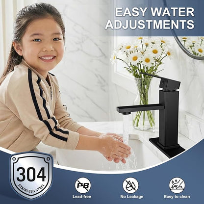 Black Bathroom Faucet Single Hole with Pop-Up Drain | Single Handle Bathroom Sink Faucet with Deck Plate, Suitable for RV, Farmhouse, Vanity Sinks, 1 or 3 Hole Installation