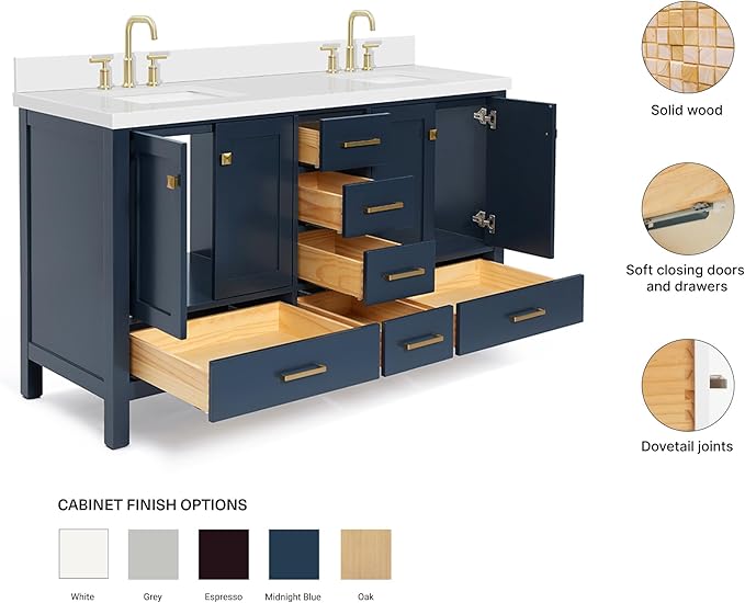 ARIEL Cambridge 60-inch Bathroom Vanity with Sink,Solid Wood, 1.5-inch Pure White Quartz Countertop, Double Rectangular Porcelain Sink, 4 Soft Closing Doors, 6 Dovetail Drawers, Midnight Blue