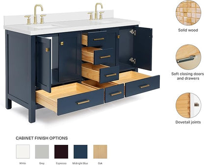 ARIEL Cambridge 60-inch Bathroom Vanity with Sink,Solid Wood, 1.5-inch Pure White Quartz Countertop, Double Rectangular Porcelain Sink, 4 Soft Closing Doors, 6 Dovetail Drawers, Midnight Blue