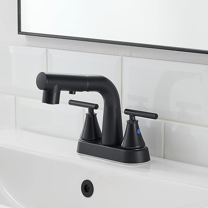 FRANSITON Bathroom Faucets with Pull Out Sprayer, 4 Inch Black Bathroom Faucet 3-Hole, 2 Handle Pull Down Sprayer Bathroom Sink Faucet with 360 Swivel Spout, Metal Pop-Up Drain