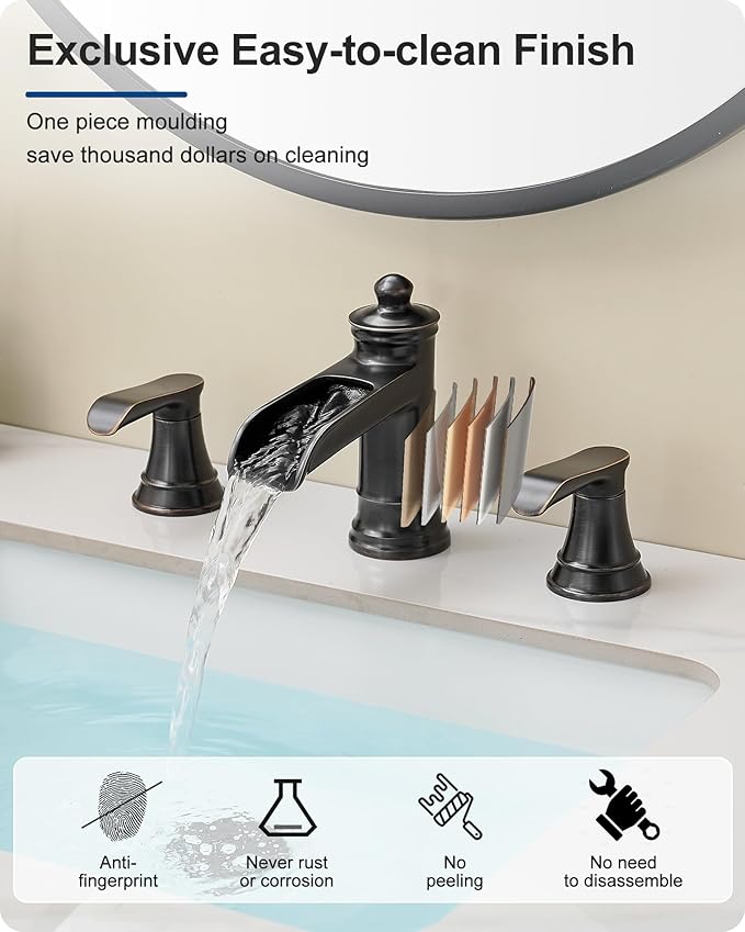 4-16 Inch Oil Rubbed Bronze Waterfall Bathroom Faucet 3 Hole, Brass Bathroom Sink Faucet 2 Handles Widespread with Pop-up Drain & cUPC Supply Hoses for Vanity, Lavatory, Restroom, Farmhouse
