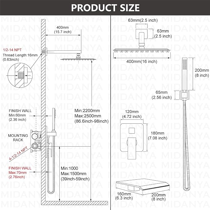 Midanya Shower System with Tub Spout,16 Inch Shower Head,Matte Black | with Valve & Trim Kit,Square Rain Head,Handheld Sprayer,Waterfall Spout,All Metal Wall Mount Bathroom Shower Tub Faucet Set