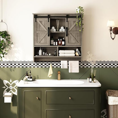 RUSTOWN Farmhouse Bathroom Wall Cabinet,3-Tier Rustic Wood Wall Mounted Cabinets,Vintage Medicine Cabinet with Sliding Barn Door and Adjustable Shelves,Over The Toilet Storage Cabinet (Washed Oak)