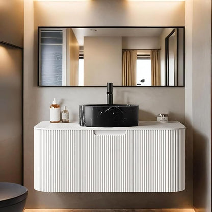 36" Floating Bathroom Vanity with Sink, Modern Bathroom Cabinet with Ultra-Thin Black Stone Pattern Ceramic Basin and Marble Countertop, Large Storage Drawer, Soft-Close Design, White