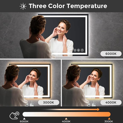 Koonmi 36x30 LED Bathroom Mirror with Light, Anti-Fog, 3 Colors | Backlit + Front Lit, Dimmable Brightness, Shatterproof HD Distortion-Free Tempered Glass, Hardware Included
