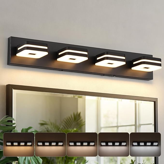 Matte Black Bathroom Vanity Light, 4-Light Modern Wall Sconce with 5CCT Dimmable LED, Farmhouse Light Fixture Over Mirror for Bathroom, Black and Gold Vanity Lights