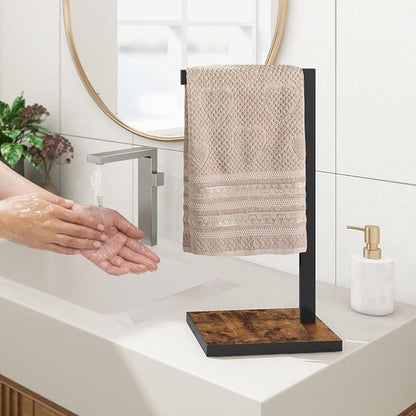 Hand Towel Stand for Bathroom Counter, L-Shape Hand Towel Holder | Towel Holder Stand Height 13.85'' for Vanity Countertop, Kitchen Counter, Rustic Brown-Square Base-L Shape