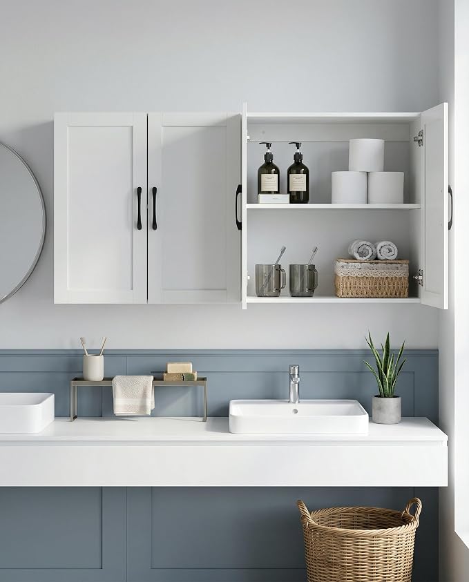 Wall Cabinet with Adjustable Shelves, Laundry Room Cabinet with 4 Doors, Kitchen Storage Cupboard Cabinet, Wall Mount Medicine Cabinet for Bathroom, Living Room, White