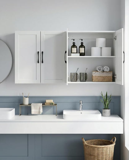 Wall Cabinet with Adjustable Shelves, Laundry Room Cabinet with 4 Doors, Kitchen Storage Cupboard Cabinet, Wall Mount Medicine Cabinet for Bathroom, Living Room, White