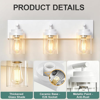 IZORRO Bathroom Vanity Light Fixture, 3-Light 22 Inch White Bathroom Light Fixtures Over Mirror, with Clear Glass Shade, Modern Farmhouse Vanity Lights, Rustic Restroom Lighting Fixtures