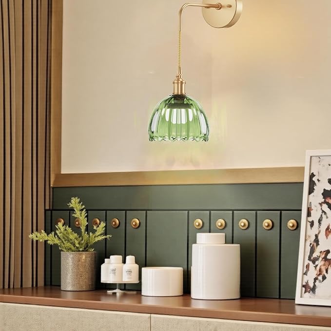 Battery Operated Wall Sconce CCT Dimmable Wireless Sconcesm Vintage Light Fixture with Green Tulip Glass Lampshade Wall Decor Set for Living Room Bedroom Bedside Bathroom 1PC Green