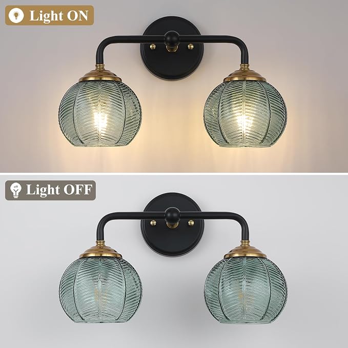 Mecgirn Bathroom Vanity Light Fixtures, 2-Light Green Glass Shade, Modern Black and Gold Wall Sconce, Unique Textured Leaf Pattern, Ceramic E26 Sockets Wall Mounted for Mirror, Cabinet, Hallway