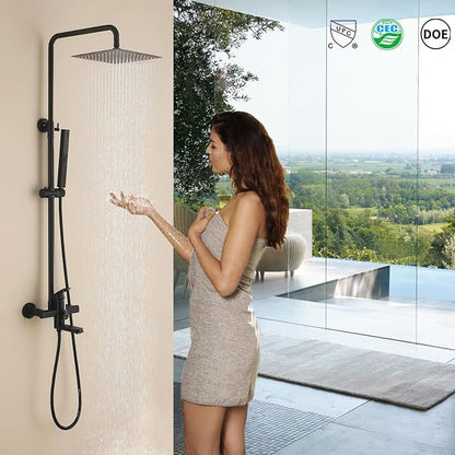 Exposed Shower System 10" Matte Black Rainfall Shower Head with 2 Modes Handheld and Tub Faucet Set, Square Shower Head 3 Functions Outdoor Shower Fixtures with Brass Valve, Height Adjustable