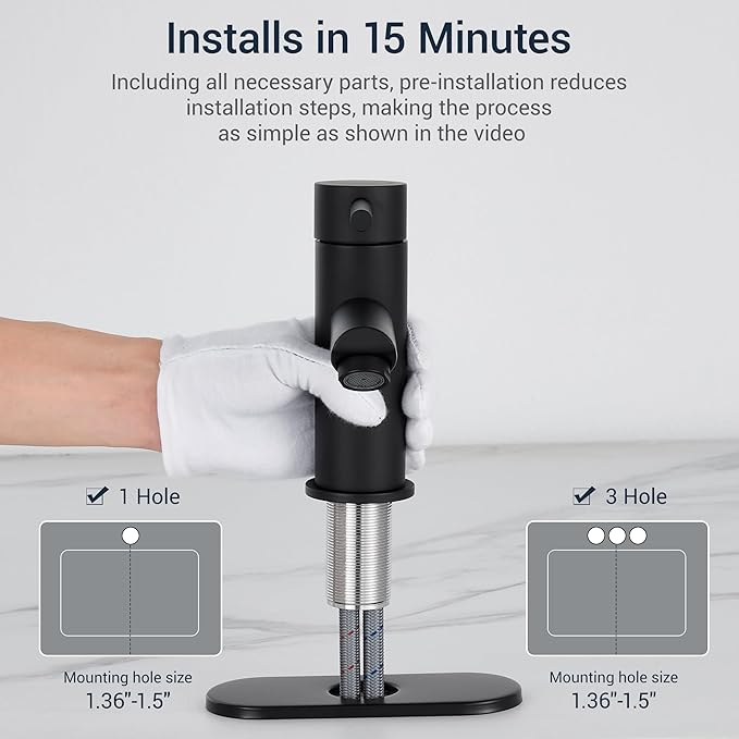 KPW Bathroom Sink Faucet Matte Black, Single Handle Stainless Steel Deck Mount, 1 or 3 Hole, with Pop-Up Drain with Overflow