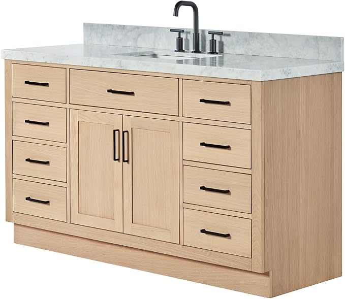 ARIEL Hepburn 60-inch Bathroom Vanity with Sink,Solid Wood, 1.5-inch Italian Carrara Marble Countertop, Single Rectangular Porcelain Sink, 2 Soft Closing Doors, 9 Dovetail Drawers, White Oak
