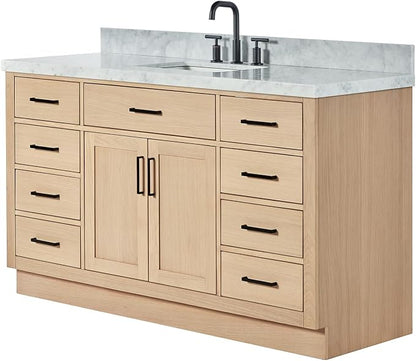 ARIEL Hepburn 60-inch Bathroom Vanity with Sink,Solid Wood, 1.5-inch Italian Carrara Marble Countertop, Single Rectangular Porcelain Sink, 2 Soft Closing Doors, 9 Dovetail Drawers, White Oak