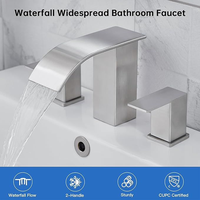 RUMOSE 8 inch Bathroom Faucets Set Brushed Nickel Bathroom Sink Faucet 3 Hole with Pop Up Drain Widespread 2 Handles Stainless Steel Lavatory Vanity Faucet Waterfall Spout Deck Mounted