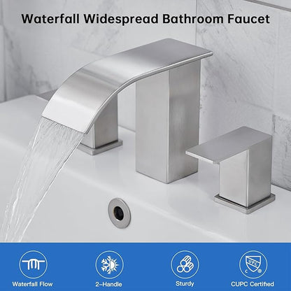 RUMOSE 8 inch Bathroom Faucets Set Brushed Nickel Bathroom Sink Faucet 3 Hole with Pop Up Drain Widespread 2 Handles Stainless Steel Lavatory Vanity Faucet Waterfall Spout Deck Mounted