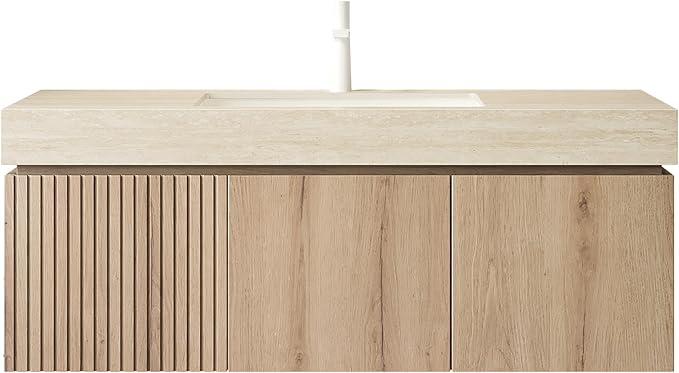 KEIKI 48 Inch Floating Bathroom Vanity with Sink, Modern Wall Mounted Storage Cabinet with Drawer, Pre-assembled Waterproof Wood Panels, Sintered Stone Top & Ceramic Basin Combo Set, White Oak & Beige
