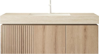 KEIKI 48 Inch Floating Bathroom Vanity with Sink, Modern Wall Mounted Storage Cabinet with Drawer, Pre-assembled Waterproof Wood Panels, Sintered Stone Top & Ceramic Basin Combo Set, White Oak & Beige