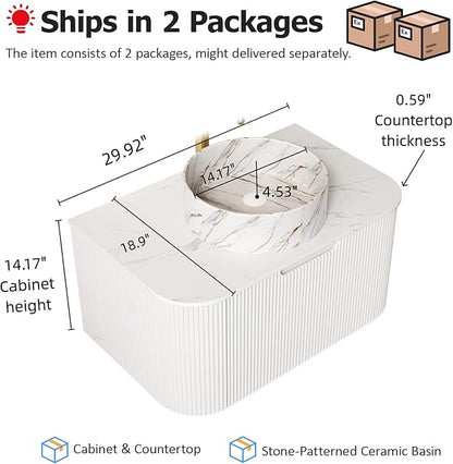 30" Floating Bathroom Vanity with Sink, Wall-Mounted Bathroom Cabinet with Ultra-Thin Ceramic Basin and Marble Top, Extra Large Storage Drawer, Soft-Close Design, White