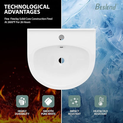 Wall Mount Bathroom Vessel Sink Space Saving | Beslend 16"x14" Inch White Ceramic Vessel Sink, Semi-Circular Bowl White Art Basin with Overflow and Single Hole