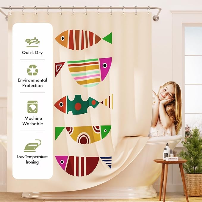 AmazerBath Cute Shower Curtain, Geometric Shaped Fish Bathroom Shower Curtain with 12 Shower Curtain Hooks, Rustic Fabric Shower Curtain Set, 72x72 Inches
