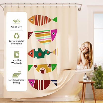AmazerBath Cute Shower Curtain, Geometric Shaped Fish Bathroom Shower Curtain with 12 Shower Curtain Hooks, Rustic Fabric Shower Curtain Set, 72x72 Inches
