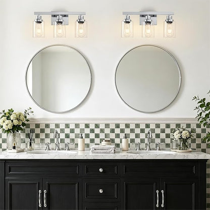 3 Light Bathroom Light Fixtures,17" Polished Chrome Vanity Lights | Modern Vanity Lights over Mirror with Clear Glassshades,Farmhouse Bathroom Wall Sconece over Sink,E26 Base