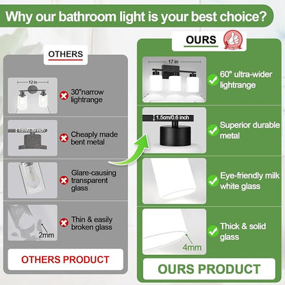 3-Light Bathroom Light Fixtures, Black Vanity Light with Milky White Frosted Glass Shades, Bathroom Wall Lamp with E26 Socket, for Mirror, Living Room, Bedroom