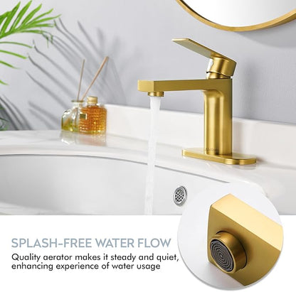Gold Bathroom Faucet 1 Hole, Single Handle Bathroom Vanity Sink Faucet with Deck Plate & Metal Pop-Up Drain & Supply Lines, Gold Brushed Finish