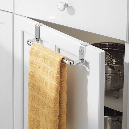 mDesign Steel Metal Wire Over Cabinet Towel Rack Storage Organizer - Hang on Cabinet or Door - Towel Bar Holder for Kitchen - Holds Hand Towels, Washcloths - Spira Collection - Chrome