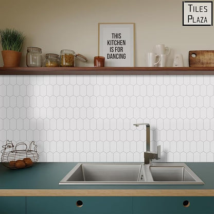The Tiles Plaza 10-Sheet Peel and Stick Backsplash, 12" x 11.5" White Long Hexagon Self-Adhesive Wall Tile, Stone Composite Stick On Decorative Mosaic Tile for Kitchen Bathroom Fireplace