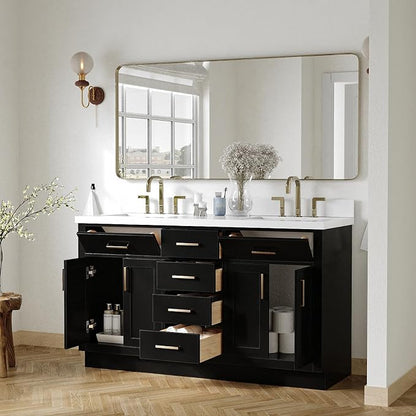 ARIEL Hepburn 60-inch Bathroom Vanity with Sink,Solid Wood, 1.5-inch Pure White Quartz Countertop & Backsplash, Double Rectangular Porcelain Sink, 4 Soft Closing Doors, 6 Dovetail Drawers, Black
