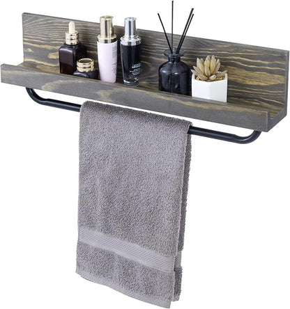 MyGift Bathroom Shelf with Towel Bar 22 Inch, Bath Towel Holder Rack Hanger, Wall Mounted Bathroom Display Storage Shelf, Vintage Weathered Gray Solid Wood with Industrial Metal Pipe
