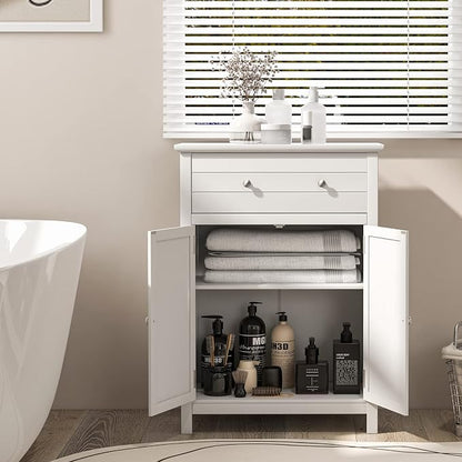 Giantex Bathroom Storage Cabinet with Drawer - Floor Cabinet with Doors, Adjustable Shelf, Storage Organizer for Entryway, Laundry Room, Kitchen, Living Room, Freestanding Cupboard (White)