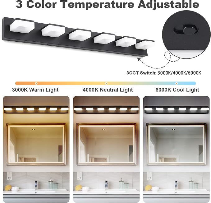 GOODATE 3 Colors Dimmable Bathroom Light Fixtures Over Mirror, LED Black Vanity Lights, Acrylic Stainless Steel 6 Light Bathroom Vanity Light Fixtures, Adjustable 3000K/4000K/6000K, 360° Rotate
