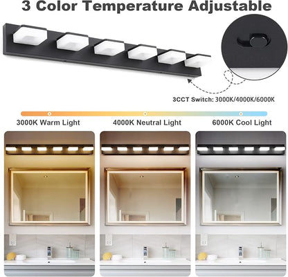 GOODATE 3 Colors Dimmable Bathroom Light Fixtures Over Mirror, LED Black Vanity Lights, Acrylic Stainless Steel 6 Light Bathroom Vanity Light Fixtures, Adjustable 3000K/4000K/6000K, 360° Rotate