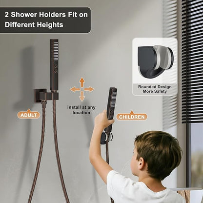 Rain Shower System 12" & 6" Dual Shower Heads, Wall Mount Shower Faucet Set | Ideal for bathroom remodels and upgrades with 12" rain shower, 6" angled shower, handheld spray and complete valve kit.