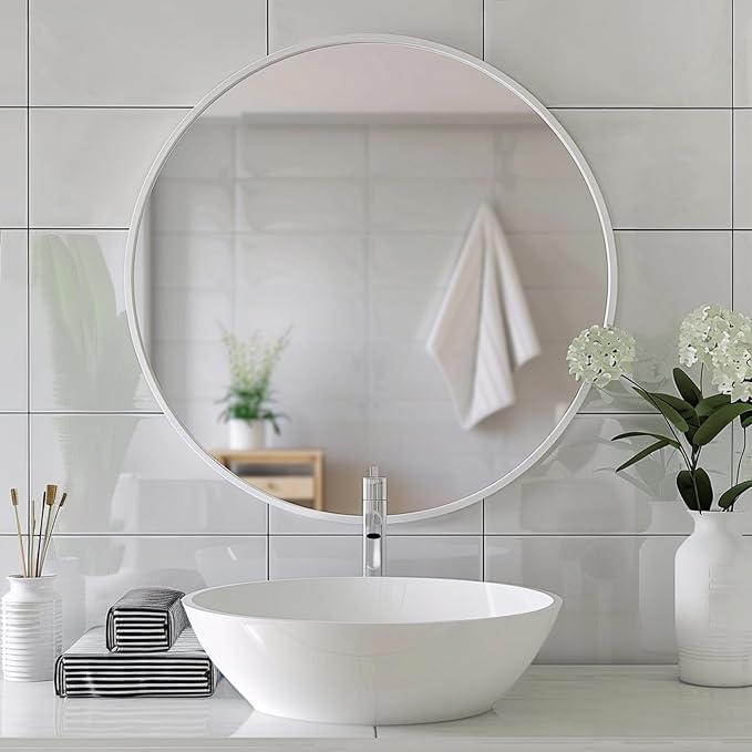 Small Round Mirror, 16 inch White Circle Mirror, Matte Metal Frame | High Definition Mirror, Waterproof, Easy Installation, Circular Mirrors for Vanity, Nursery, Bedroom, Wall Décor