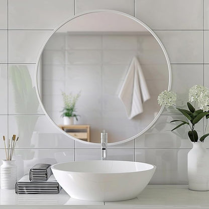 Small Round Mirror, 16 inch White Circle Mirror, Matte Metal Frame | High Definition Mirror, Waterproof, Easy Installation, Circular Mirrors for Vanity, Nursery, Bedroom, Wall Décor