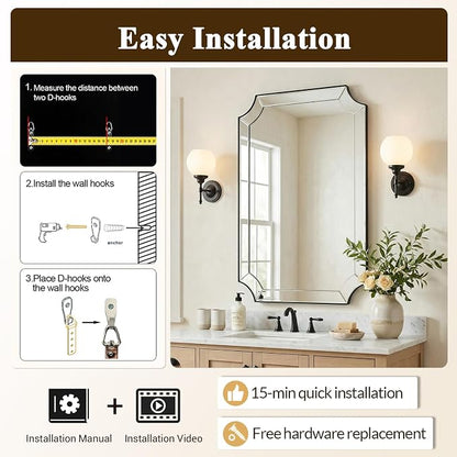 Black Mirror 24x40 Inch, Scalloped Mirror for Bathroom, Unique Rectangular Bathroom Mirror in Premium Stainless Steel Metal Frame 1" Deep, Decorative Mirror for Bathroom, Entryway, Mantel