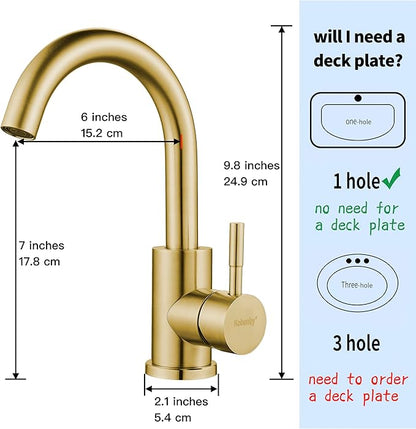 Wet Bar Sink Faucet Single Hole Brushed Gold, Modern Single Handle Bathroom Sink Faucet Commercial Stainless Steel Prep Sink Faucet