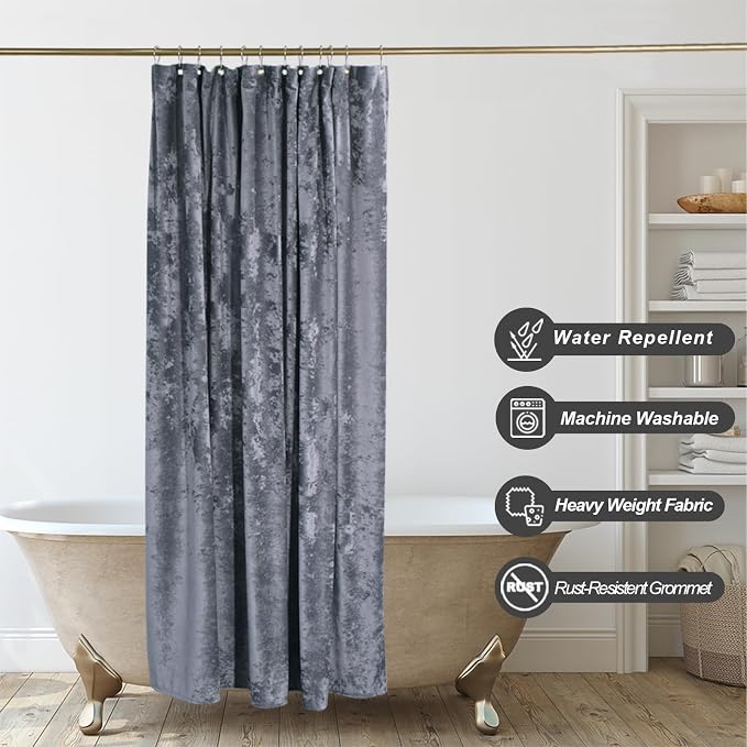 TAMGHO Crushed Velvet Shower Curtain, Grey, 72" x 72” | Coordinating Gold Grommets and Hooks, Machine Washable, Water Repellent