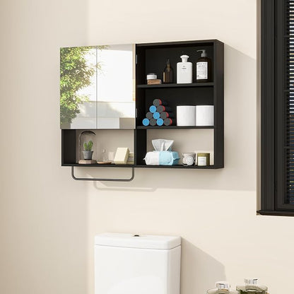Bathroom Wall Cabinet, Medicine Cabinet, with Mirror & Towel Bar, Black