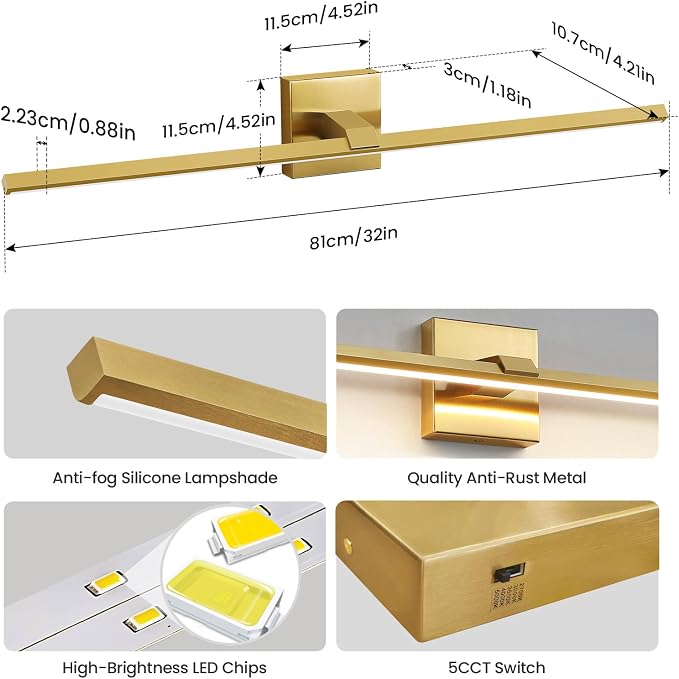 Gold Modern Bathroom Vanity Light 32 Inch 24W Dimmable 5CCT LED Bathroom Lighting Fixtures Over Mirror Brushed Gold Bar Vanity Lights for Bathroom Mirror Cabinets Bedroom