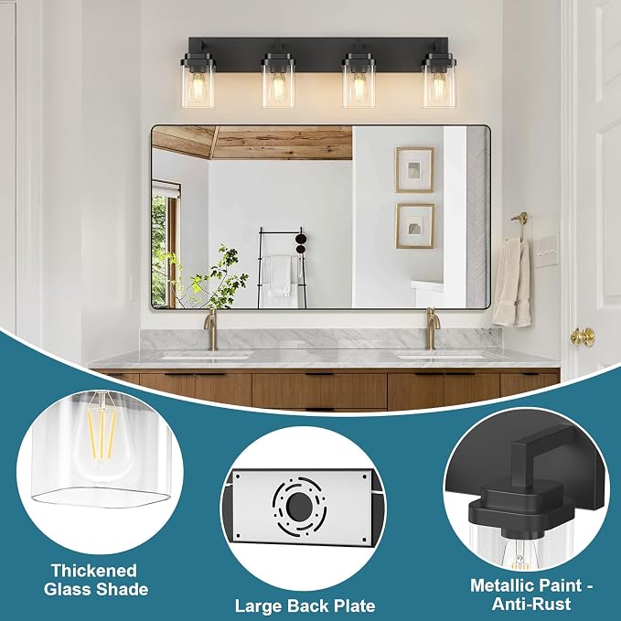 Matte Black Bathroom Light Fixtures, Modern Vanity Lights with Clear Glass Lamp Shade, Bathroom Lighting Fixtures Over Mirror, Restroom Vanity Lighting Fixture, 4-Light 30 Inch