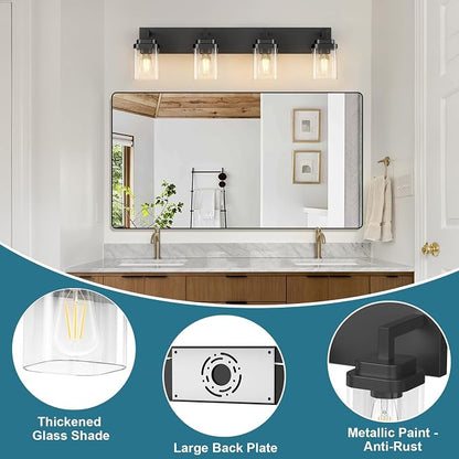 Matte Black Bathroom Light Fixtures, Modern Vanity Lights with Clear Glass Lamp Shade, Bathroom Lighting Fixtures Over Mirror, Restroom Vanity Lighting Fixture, 4-Light 30 Inch