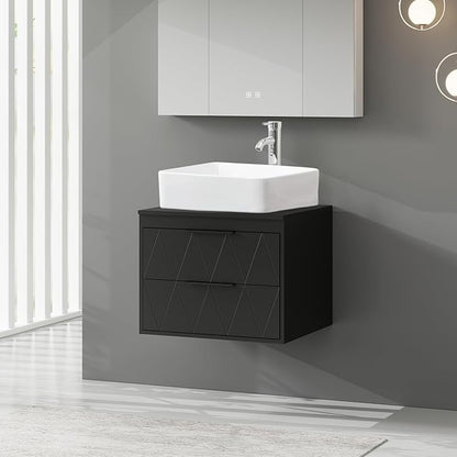 eclife 24" Floating Bathroom Vanities with Sink Combo, Wall Mounted Modern Cabinet W/Diamond Line Pattern Design, White Rectangle Ceramic Vessel Sink W/Water Save Faucet & Pop Up Drain, Black